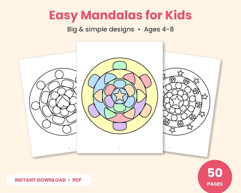 Easy Mandala Coloring Pages for Kids, 50 Printable Coloring Book PDF