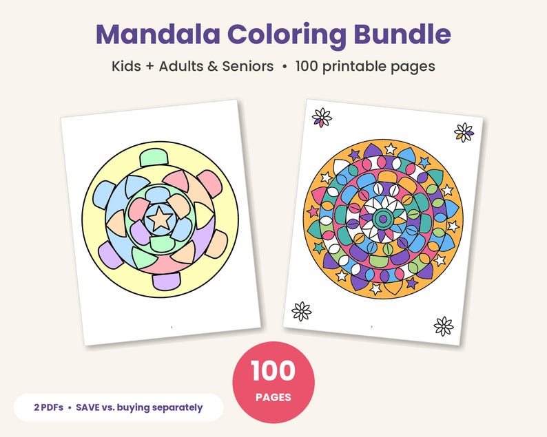 Mandala Coloring Pages Bundle, 100 Printable Pages for Kids, Adults and