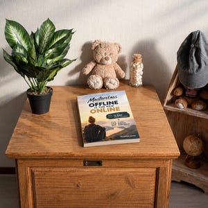 Op de afbeelding: Een boek getiteld Masterclass Offline is the New Online met een 14-daagse uitdaging en digitaal contract, liggend op een houten kist. De kaft toont een persoon voor een berglandschap. Tekst: Short e-guide (incl. challenge).