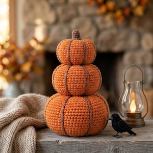 May include: A stack of three crocheted orange pumpkins with brown yarn ridges, positioned next to a small black bird figurine and a glass lantern with a glowing light inside, resting on a weathered wooden surface.