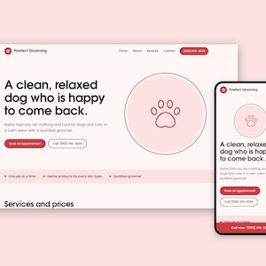 Può includere: Un'interfaccia web per Pawfect Grooming visualizzata su un monitor desktop e uno smartphone. Il design presenta uno schema di colori rosa chiaro, un'icona a forma di zampa e il testo: A clean, relaxed dog who is happy to come back.