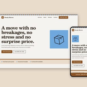 Peut inclure: Un design de site web pour Steady Movers affiché sur un écran d'ordinateur et un smartphone. La mise en page présente du texte marron foncé sur fond clair, un carré bleu avec une icône de boîte en traits noirs et des boutons Get a free quote.