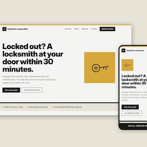 May include: A website and mobile interface for KeyPoint Locksmiths featuring a white background with black text and mustard yellow accents. The layout displays the text Locked out? A locksmith at your door within 30 minutes and a key icon.