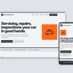 May include: A website design for Moreau Auto Service displayed on a desktop and mobile screen. The layout features black text on a white background, an orange square with a black car icon, and the text Servicing, repairs, inspections.