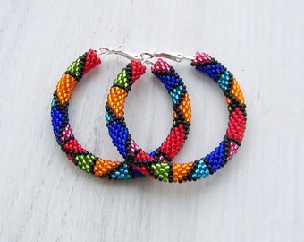 Big ethnic hoop earrings - African Inspired Earrings - Statement colorful hoop earrings - Art designer modern trendy beadwork earrings