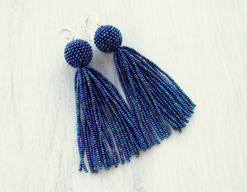 Statement Earrings Dangle Iridescent blue earrings Long tassel earrings beadwork earrings Beaded tassel earrings Fringe earrings