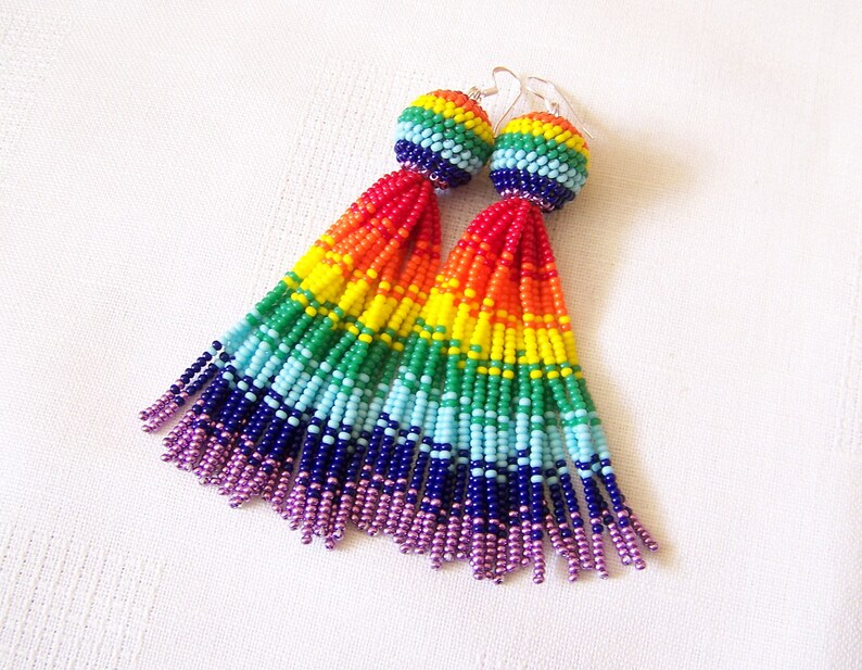 Rainbow beaded tassel earrings Luxury Pride Fringe Earrings Etsy
