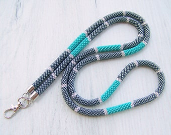 Colorful bead crochet lanyard - shiny black and turquoise lanyard with id holder - woman beaded lanyard - teacher nurse ID card holder