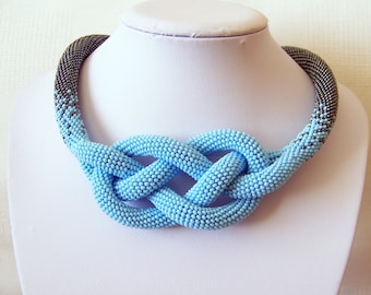 Beaded Crochet Josephine Knot Rope Necklace - Beadwork necklace - sky blue and hematite necklace - modern necklace - statement necklace