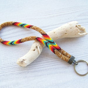 Ethnic beaded key chain, Native wrist keychain, Beaded key fob, Colorful beaded wristlet, Bead crochet keychain, Beadwork  wristlet