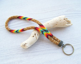 Ethnic beaded key chain, Native wrist keychain, Beaded key fob, Colorful beaded wristlet, Bead crochet keychain, Beadwork  wristlet