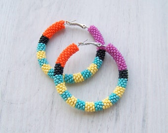 Beaded Colorful Hoop Earrings Beadwork Beaded Jewelry | Etsy