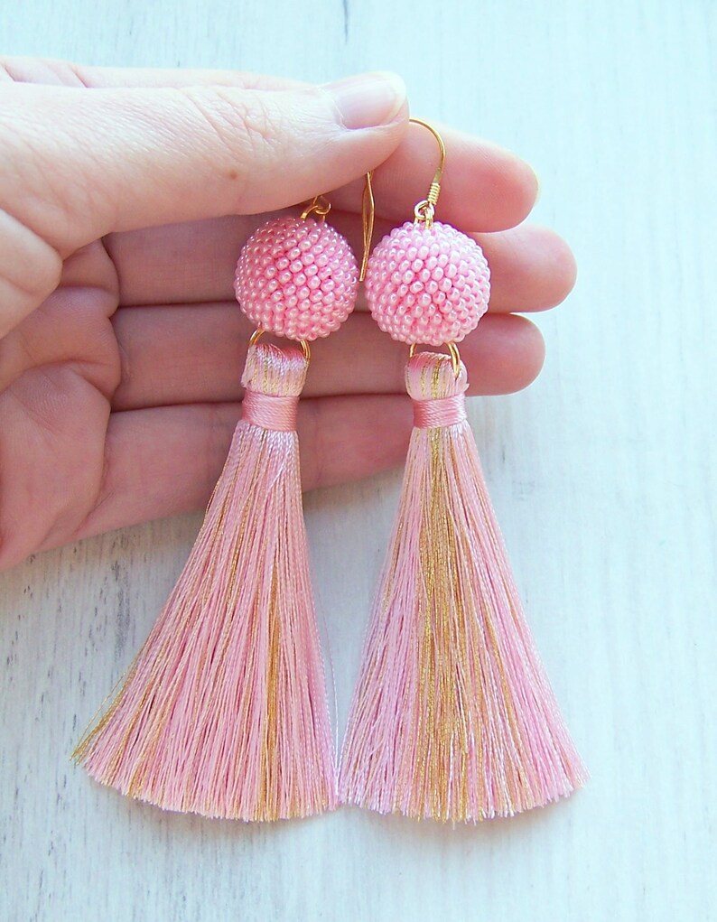 Fringe earrings Lightweight Dangle long tassle earrings Pink and Gold silk tassel and beaded ball earrings Statement Earrings