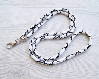 Beaded badge holder - woman beaded lanyard - teacher ID card holder - nurse lanyard - white and black lanyard - gift ideas for teacher
