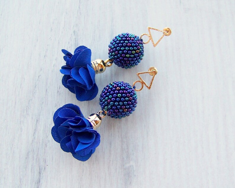 Fabric Flower Earrings Dark Blue Tulip Earrings Beaded Etsy