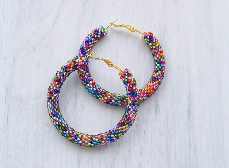 Beaded Colorful Hoop Mosaic Earrings Beadwork Beaded | Etsy