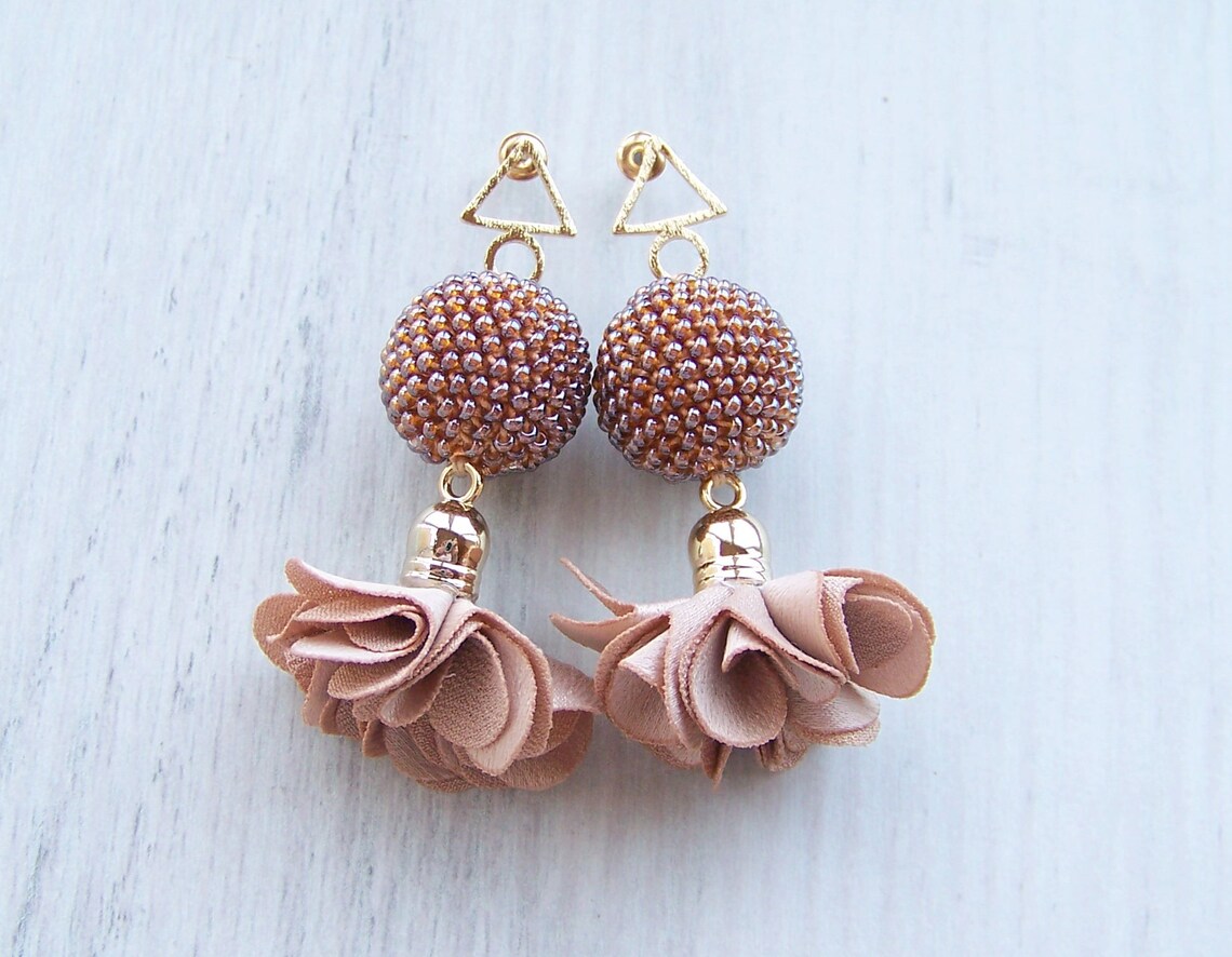 Fabric Flower Earrings Light Brown Flower Earrings Blossom Etsy