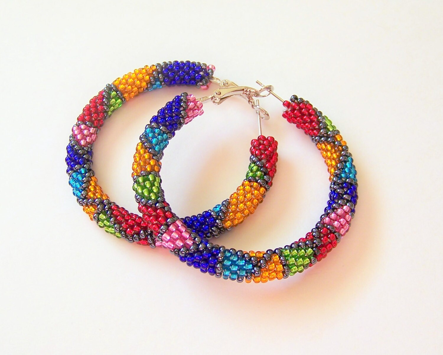 Beaded colorful hoop earrings Beadwork beaded jewelry | Etsy