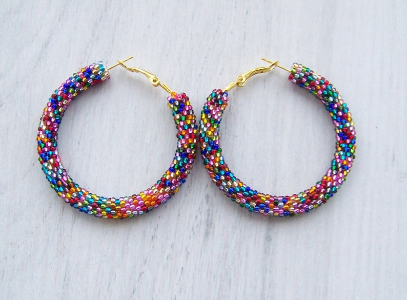 Beaded Colorful Hoop Mosaic Earrings Beadwork Beaded - Etsy