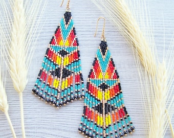 Tribal beaded earrings, Geometric Native boho chic Jewelry, Long dangling unique colorful bohemian earrings made of miyuki Delica beads