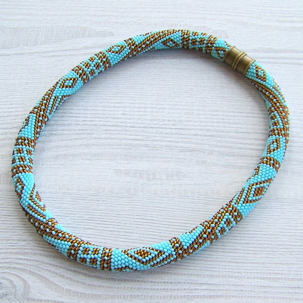 Bead crochet necklace with geometric pattern - Beaded rope necklace - Beadwork necklace - Sky blue and brown Patchwork necklace
