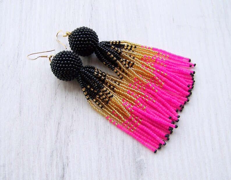 Tassel ombre earrings Luxury black gold and hot pink beaded Etsy