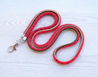 Watermelon pattern lanyard with ID holder - woman beaded lanyard - Red bead crochet lanyard - ID card holder - nurse lanyard ID holder