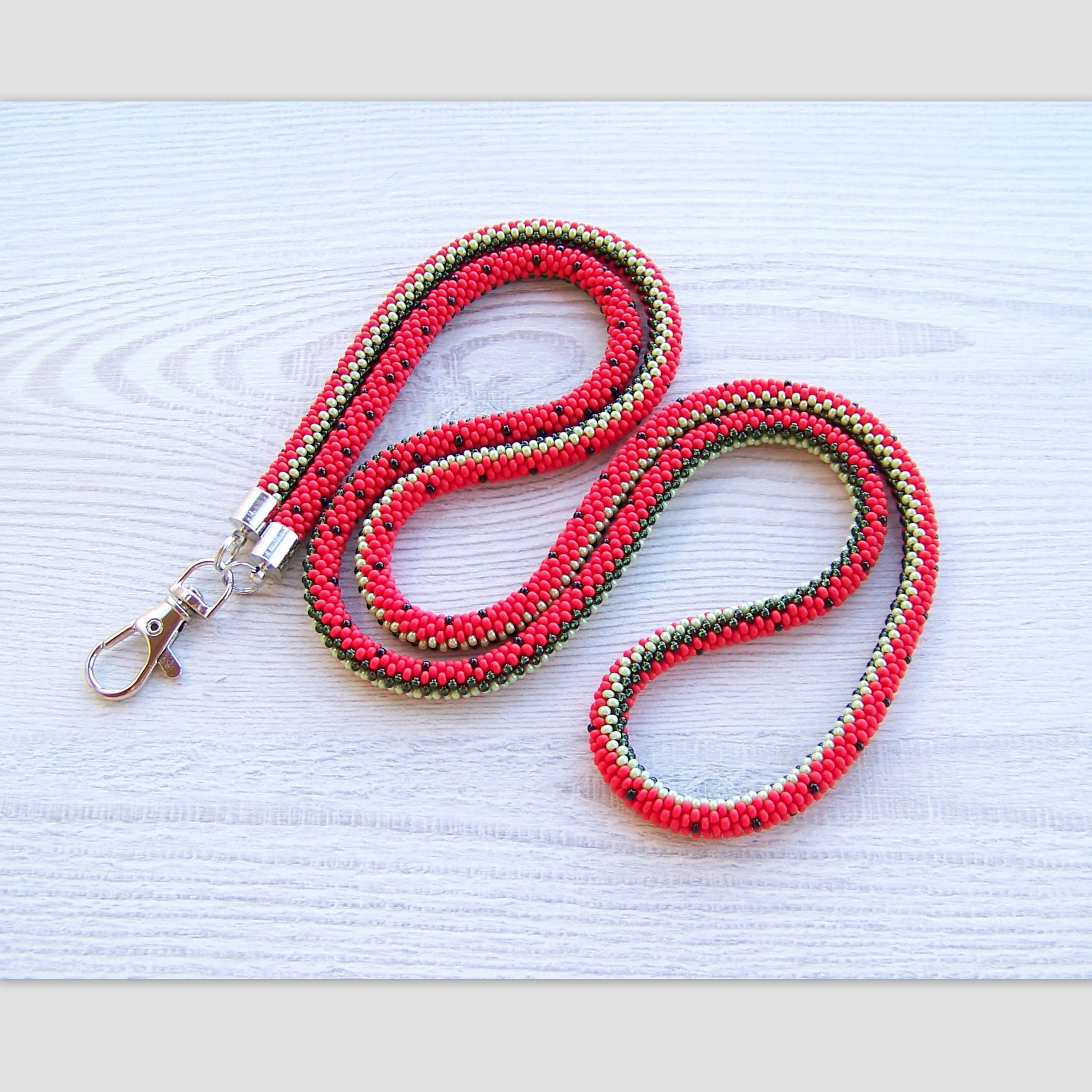 Watermelon pattern lanyard with ID holder - woman beaded lanyard - Red bead crochet lanyard - ID card holder - nurse lanyard ID holder