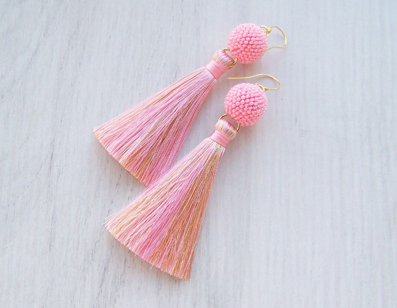 Fringe earrings Lightweight Dangle long tassle earrings Pink and Gold silk tassel and beaded ball earrings Statement Earrings