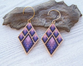 Diamond Shaped Bead Rhombus Earrings, Boho earrings, Beaded Earrings, Geometric pink purple gold Bead Earrings, Miyuki Delica Beads Earrings