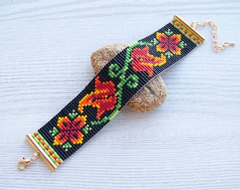 Ethnic Style Flower bracelet, Adjustable Miyuki Delica beads bracelet, colorful loom square stitch jewelry, boho seed bead flat bracelet