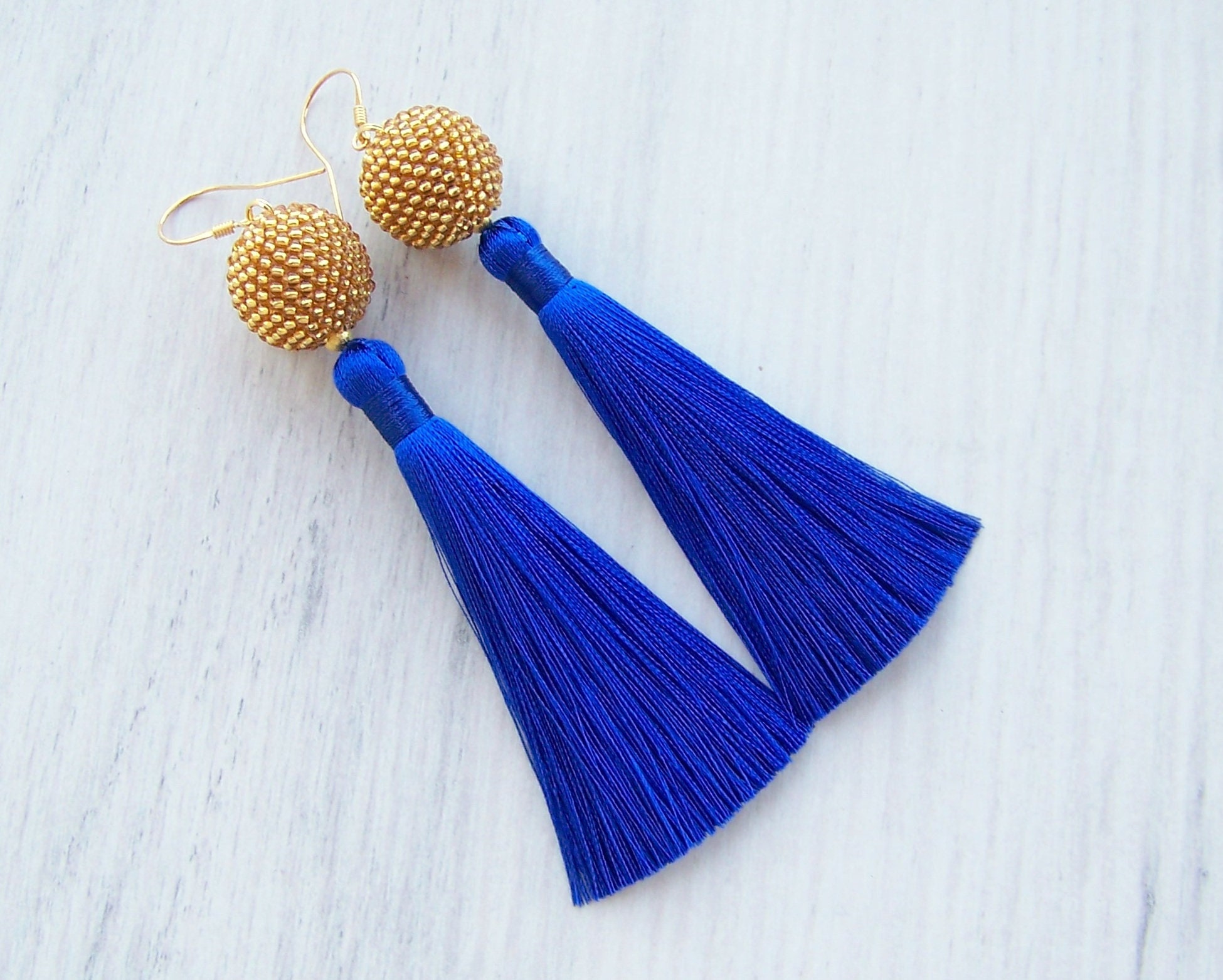 Luxurious Royal Navy Blue Silk Thread Tassel Fringe Dangle Gold Drop Earrings