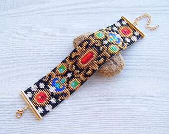 Shiny colorful jewels bracelet, Adjustable Miyuki Delica beads bracelet, Beaded wrist cuff  jewelry, modern bead flat bracelet