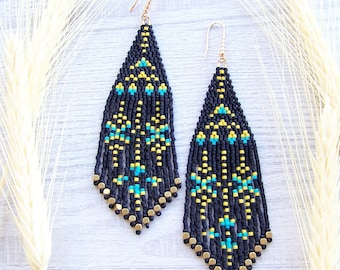 Tribal beaded earrings, Geometric Native boho chic Jewelry, Long dangling unique colorful bohemian earrings made of miyuki Delica beads