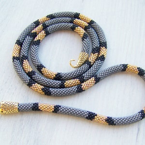 Gray and Gold snake necklace - Ouroboros necklace - seed beads necklace - bead crochet statement necklace - Serpent Totem Witch jewelry