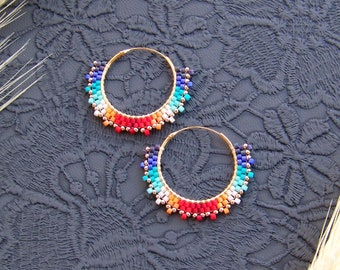 Small Beaded hoop earrings in ombre red and blue, lightweight earrings with Miyuki Delica beads, Beadwork Modern earrings