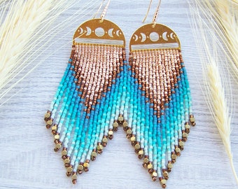 Long bohemian beaded fringe earrings made of miyuki Delica beads, ombre gold, bronze and turquoise shades statement earring with brass cubes