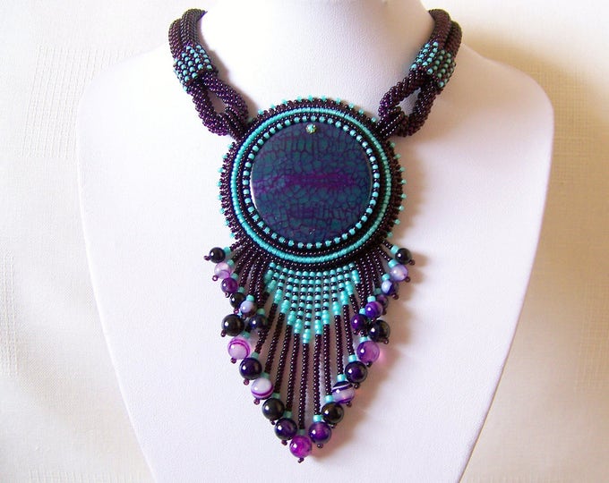 Bead Embroidery Necklace Pendant Beadwork Necklace With Agate Etsy