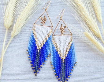 Ombre blue Fringe earrings with gold and white, Long bohemian beaded fringe earrings made of miyuki Delica beads and brass cubes