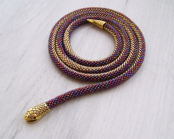 Shiny Long Snake Necklace - Beaded Snake Necklace - Bead Crochet Beadwork Serpent Necklace - Elegant office style ombre Rope Necklace