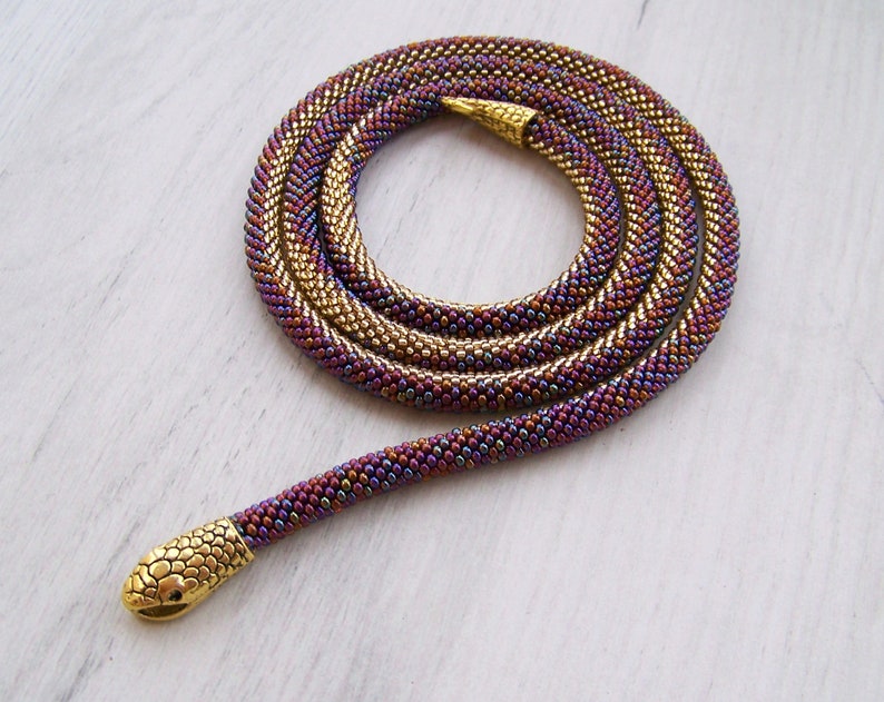 Shiny Long Snake Necklace - Beaded Snake Necklace - Bead Crochet Beadwork Serpent Necklace - Elegant office style ombre Rope Necklace image 1