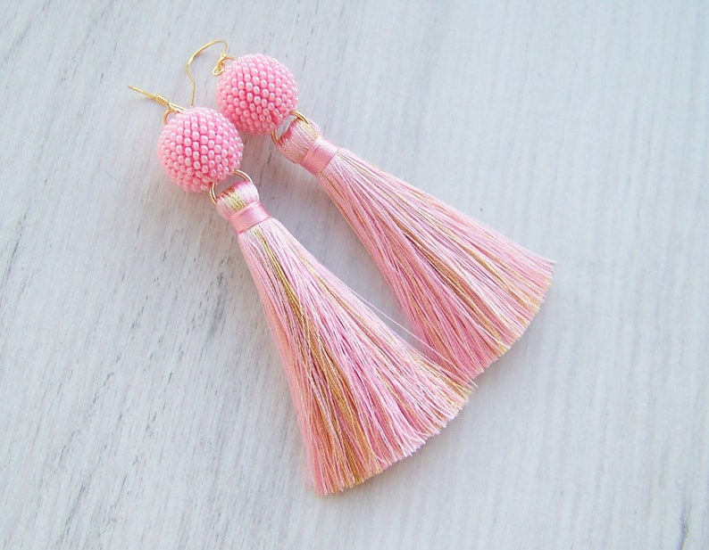 Fringe earrings Lightweight Dangle long tassle earrings Pink and Gold silk tassel and beaded ball earrings Statement Earrings