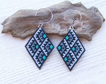 Beaded Earrings, Geometric blue ombre Bead Earrings, Diamond Shaped Bead Rhombus Earrings, Boho earrings, Miyuki Delica Beads Earrings