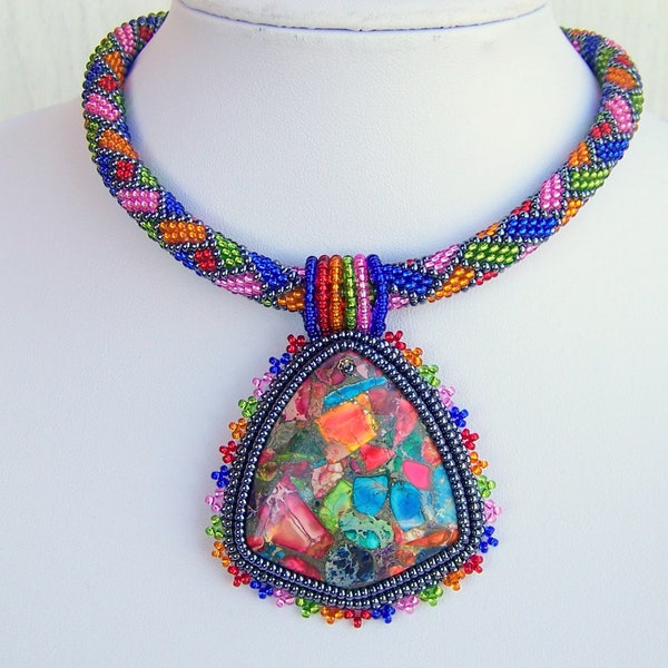 Beadwork Bead Embroidery Pendant Necklace with Rainbow Sea Jasper and Pyrite - statement necklace - Summer collection - Geometric necklace