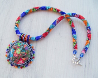 Bead Embroidery Necklace Pendant Beadwork with Rainbow Sea Jasper and Pyrite - SUMMER FUN - Summer collection - Geometric Statement Modern