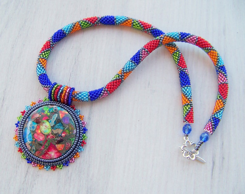 Bead Embroidery Necklace Pendant Beadwork with Rainbow Sea Jasper and Pyrite SUMMER FUN Summer collection Geometric Statement Modern image 1