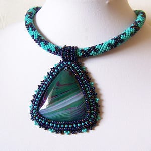Bead Embroidery Pendant Necklace with Agate - turquoise, iridescent blue - BLUE STRIPES - agate statement necklace - triangle pendant