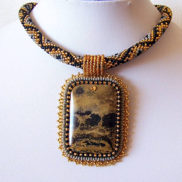 Beadwork Bead Embroidery Pendant Necklace with Chohua Jasper - GOLDEN DREAM - grey - black - gold - modern necklace - beadwork necklace