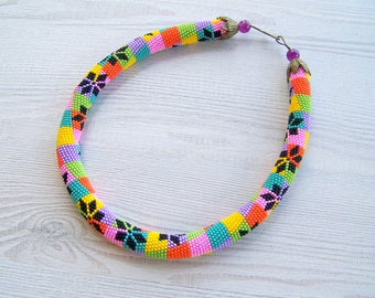 Chunky Colorful Bright Geometric necklace - Bead crochet rope necklace - multi color beadwork necklace - modern necklace - art jewelry