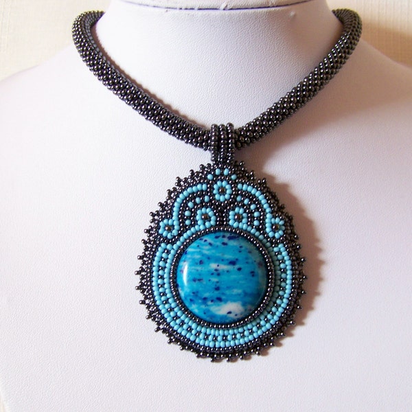 Beadwork Bead Embroidery Pendant Necklace with Howlite - BLUE BLOSSOM - sky blue - grey - hematite